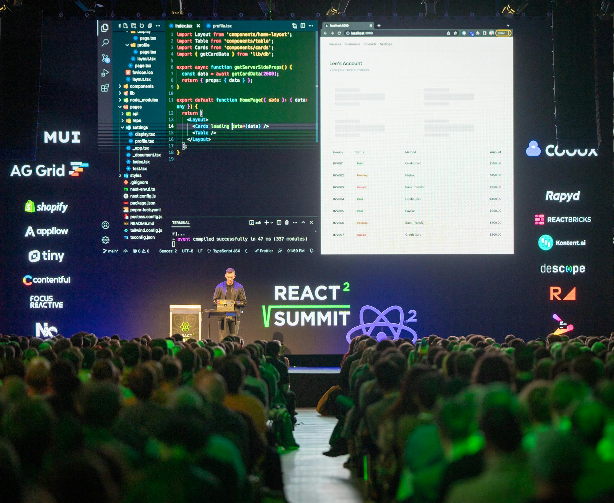 Me speaking on stage at React Summit about the future of Next.js